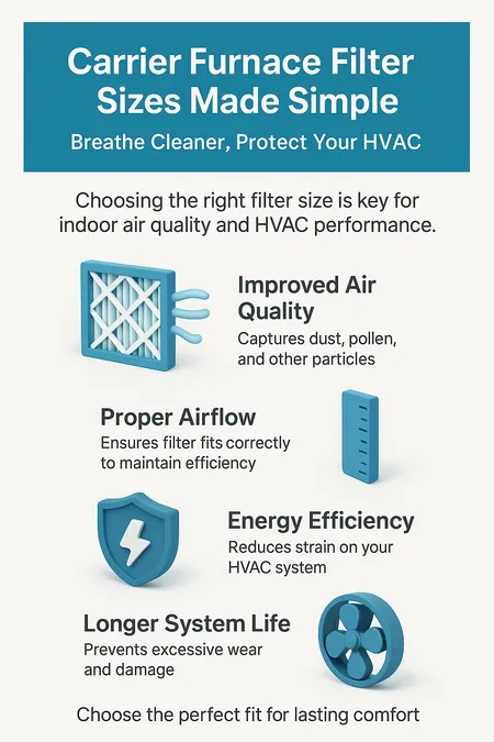 Carrier Furnace Filter Sizes Explained: Find the Right Replacement Filter for Cleaner Indoor Air and Long-Lasting HVAC Performance 2 Vertical infographic titled 'Carrier Furnace Filter Sizes Made Simple: Breathe Cleaner, Protect Your HVAC' with 3D icons showing benefits: improved air quality, proper airflow, energy efficiency, and longer system life, in a clean #007BA7 color theme.