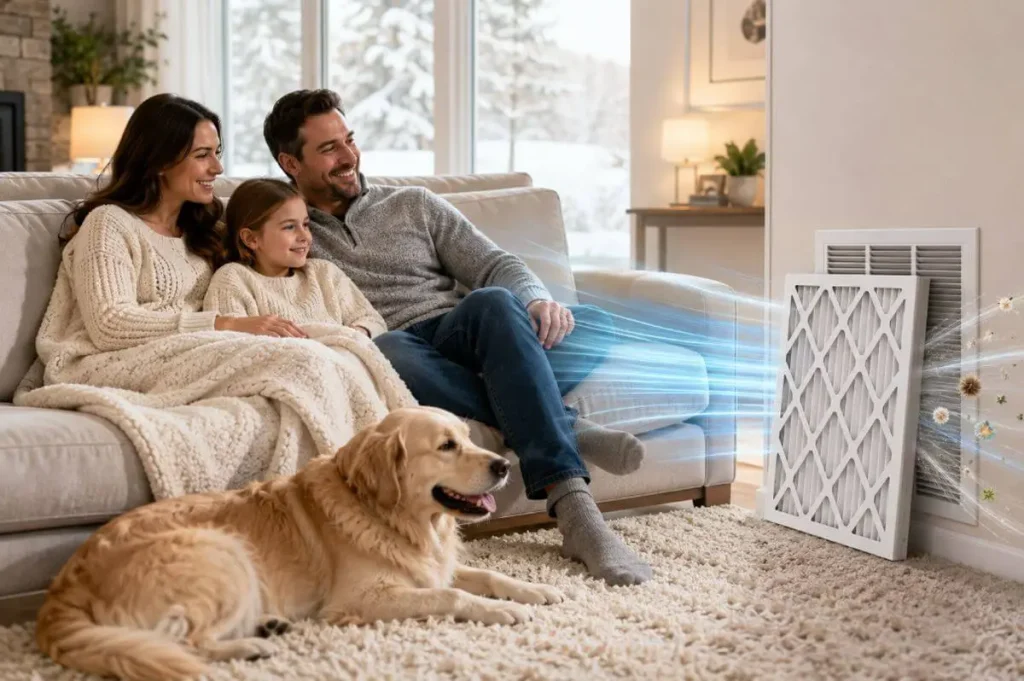 Top HVAC Filter Winter Tips To Help Homeowners Protect Their Homes 2 Family relaxing with their dog as a clean HVAC filter captures airborne particles, illustrating winter tips to protect the home and maintain healthy airflow.