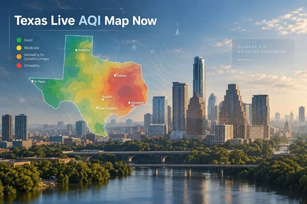 Live Air Quality Index AQI Map Now Today in Texas – See Today’s Health Risks and Local Insights 2 Texas city skyline with a live Air Quality Index AQI map overlay showing color-coded pollution levels, today’s health risks, and local air quality insights.